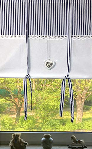 Leinenshop24 Landhaus Gardine Weiß Blau mit Spitze Raffrollo 100x100 Shabby Chic Retro Vintage Lola