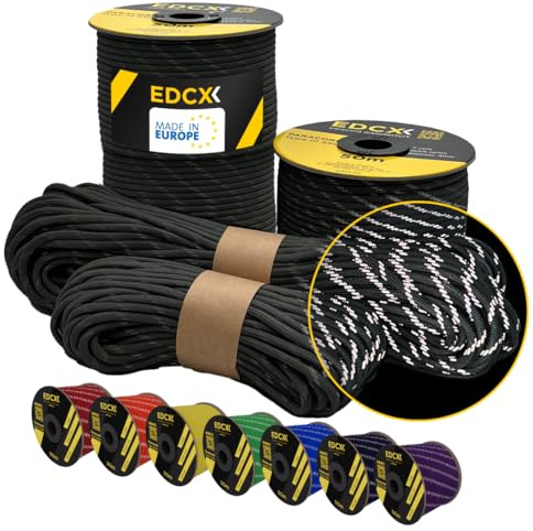 EdcX 4 mm reflekterande Paracord 550 (15, 30, 50 m) – Rivsäker fallskärmslina för överlevnad Tillverkad av 100% nylon, 4 mm typ III, med 7 trådar, i många färger