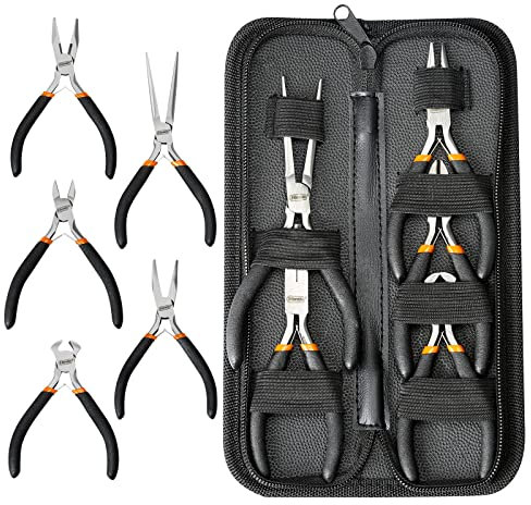 SOONAN 5 Pieces Mini Pliers, Long Lasting Tool Set Cable Cutters – Long Needle Nose, Long Nose, Nipper Bent Nose, End Cutting, Diagonal Cutting, Precision Pliers Set