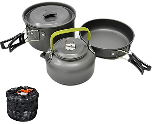 JZK Piccola pentola con Coperchio Padella Antiaderente e teiera in Alluminio, Set 3 Attrezzi Utensili Cucina da Campeggio Viaggio Moto Trekking