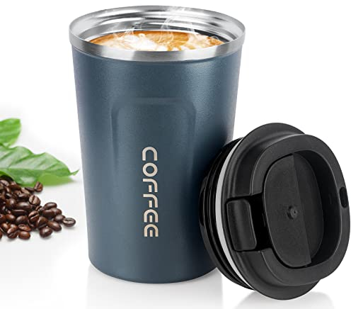 MOMSIV Blue Coffee Cup, Vacuum Reusable Leakproof Double Wall Coffee Cup, Insulation Stainless Steel Eco-Friendly Travel Office Mug for Hot Coffee Tea and Cold Drinks, 13oz/380ml
