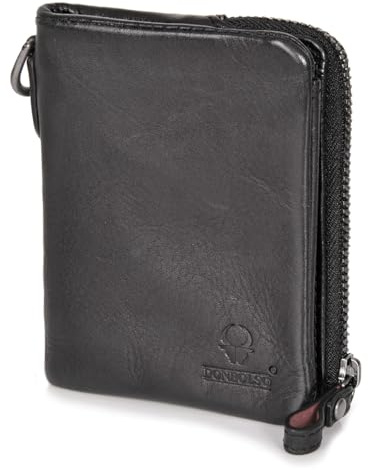 DONBOLSO Damen Slim Wallet Rio - Portemonnaie Damen Klein aus Leder mit 4 Kartenfächern und RFID Schutz - Geldbörse mit Reißverschluss im Vintage Look Für Reisen und Alltag, Schwarz - 10 x 9 cm