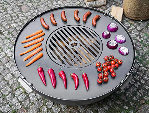 BlackOrange Grillplatte aus Stahl Ø 78 cm mit Feuerloch/Grillrost Ø 36 cm und 4 stabil verschweißte Haltegriffe/Absicherungsklappen für Feuerschalen mit Ø 80 cm