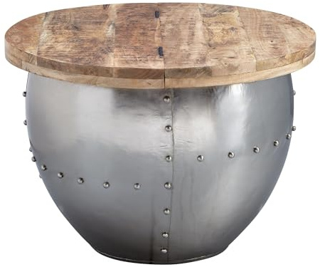 Wohnling Couchtisch Rund 60x60x43 cm Mango Massivholz mit Stauraum Silber | Wohnzimmertisch Industrial mit Metallgestell, Sofatisch mit Ablage, Kaffeetisch massiv, handgefertigtes Unikat