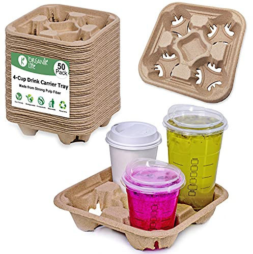 4 Cup Carrier Tray (50-Pack), No-Spill, No-Mess Disposable Holder, Biodegradable, Eco-Friendly for Delivery of Hot or Cold Drinks, Ideal To Go Carrier for Car Food Delivery