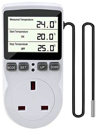 Digital Thermostat Plug, CJBIN LCD Thermostat Temperature Controller Socket Outlet 230V with 1.8m Sensor Probe, Heating Cooling Thermostat Controller for Greenhouse Reptile Terrarium Aquarium