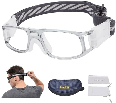 SooGree Sports Goggles Glasses -Basketball Soccer Football Sports Protective Eyewear Goggles Eye Safety Glasses Frame Removable PC Lens with Adjustable Glasses Strap (8107 gray frame white pad)