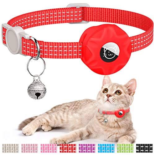 Hoeraonr AirTag Katzenhalsband, reflektierendes Kätzchenhalsband, Breakaway Apple Air Tag GPS mit Halterung und Glocke, leichte Tracker-Halsbänder für Mädchen, Jungen, Katzen, Kätzchen, Welpen (Rot)