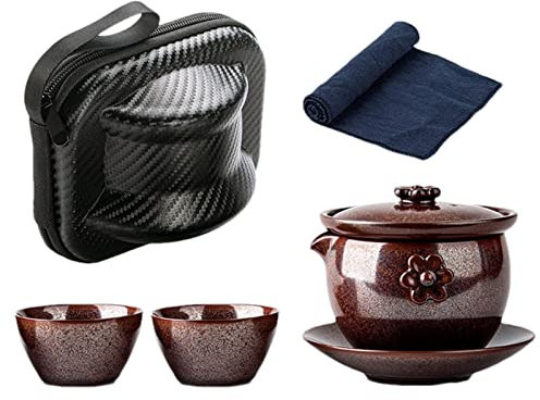 delr Service à thé asiatique - Ensemble de théière anti-brûlure avec 2 tasses à thé en céramique et sac de rangement portable, service à thé traditionnel japonais rétro comme cadeau pour adultes
