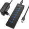 Hub USB Alimenté, JESWO Hub USB 3.0 à 7 Ports Alimenté, Multiprise USB 3.0 avec 15W(5V/3A) Adaptateur Alimentation, Commutateurs Individuels et Indicateur LED, 100 cm Câble
