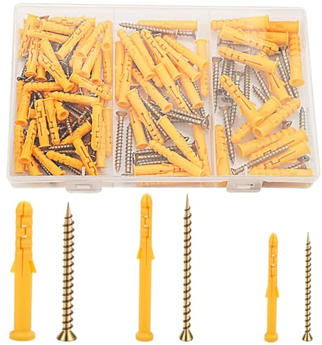Mbsomnus 150Pcs Screws and Wall Plugs Set (75Pcs Concrete 75Pcs Expansion Pipe Rawl Plugs) M6/M8 Assorted for Brick Masonry Drywall-30/40mm, 18x11.5x1.9cm (60)