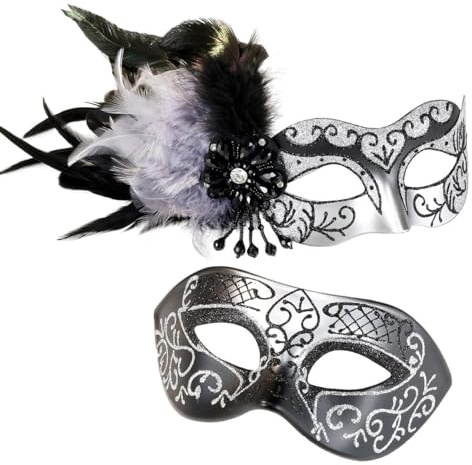 MYSEUNI Silver maskerad mask för par – maskerad masker för kvinnor med fjädrar och venetiansk halvmask halloween för maskadfest, Mardi Gras, halloween cosplay bal, jul