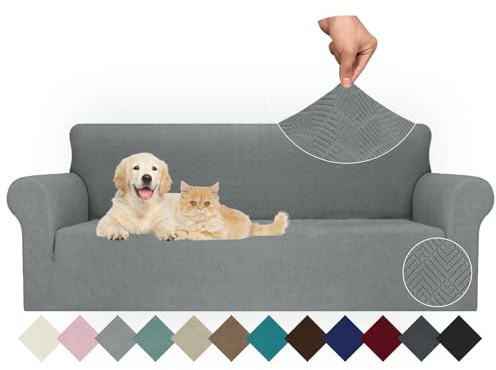Ystyle Stretch Sofa Überzug 3 Sitzer, Sofabezug rutschfest Mit Armlehne, Elastische Couch Überzug Jacquard, Universal Sofa Cover Moderne, Sofaschoner Hund Katze Für Wohnzimmer, Hellgrau