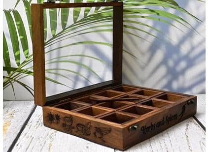 India House - Masala Dabba Indian Wooden Spice Box with Glass Top and Spoon (10 inch, Sheesham Wood)