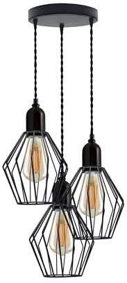 LEDSone 3-Wege-Metalldrahtkäfig-Pendelleuchte, E27, Metalldraht, Korb-Licht, Hängeleuchte, industrielle Deckenleuchte, verstellbare Käfig-Hängeleuchten für Küche, Wohnzimmer, Schlafzimmer (mit