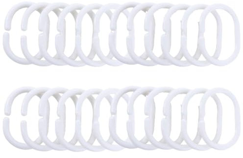 TNSRAY Anelli per tende da doccia, 24 pezzi anelli in plastica, ganci per tenda da doccia, per bagno,ganci per tende da doccia a forma di C, in plastica, per asta da doccia, colore bianco