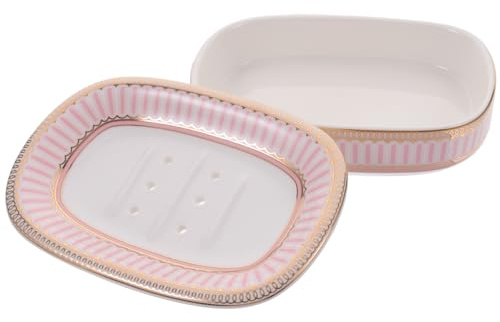 Amosfun Keramik Seifenschale Mit Ablauf Nordischer Stil Doppelschicht Seifenhalter Für Bad Und Waschbecken 5.5 X 3.8 Zoll Elegante Streifenoptik in Rosa