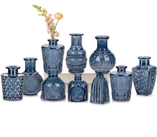 10er-Set Kleine Vasen Kleine Glasvase Vintage Deko Vasen Set Blumendekoration für Tischdeko Mittelstücke, Hochzeitsdekorationen, Blumen Deko Wohnzimmer Bad Muttertagsgeschenk, Blau