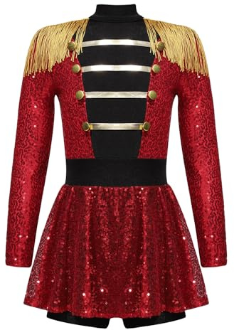 Sxiwei Kinder Mädchen Zirkus Tanz Kostüm Langarm Quaste Jumpsuit Pailletten Zirkusdirektor Kleid Cosplay Fasching Karneval Kostüm Rot 158-164