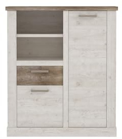 möbelando Highboard >Duro< 2 Türen, Pinie Weiss/Eiche Antik Dekor - 109,8x128,3x41,3cm (BxHxT)