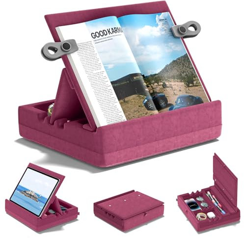KDD Support Livre avec Rangement, Coussin Porte de Livres à Angles Multiples, Coussin Tablette pour Genoux, Lit et Canapé, Support Tablette Pliable avec Organisation pour ipad, Lecteur, Violet