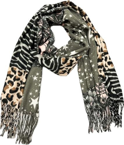 XXL Blumen Stern Leopard Herbst Winter Schal Stola Tuch Übergangsschal Baumwolle mit Fransen Leo (Grau)