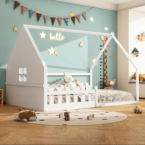 Moimhear Cama plana, 140 x 200 cm, cuna, moldura, barandilla, madera de pino (blanco)