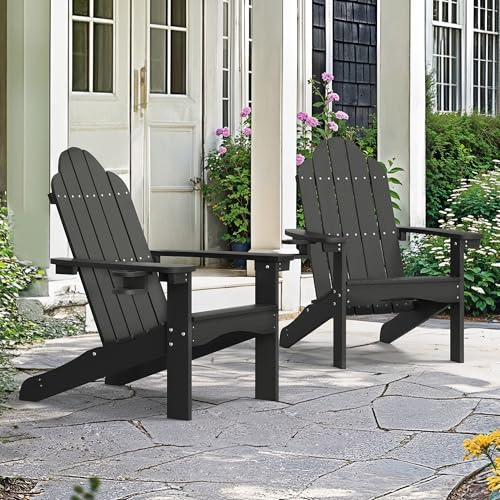 LUE BONA Adirondack-Stuh 2er-Set,Gartenstuhl mit Rückenlehne und Armlehnen,Terrassenstuhl Balkonstuhl Stühle,HDPS,Gartensessel mit Getränkehalter,Ergonomischer,89 x 76 x 92cm,Schwarz