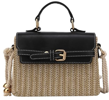 Halmväska crossbody-väska för kvinnor flickor sommarmode halm hobo axelväska strand vävd korg handväskor för semester resor, Svart