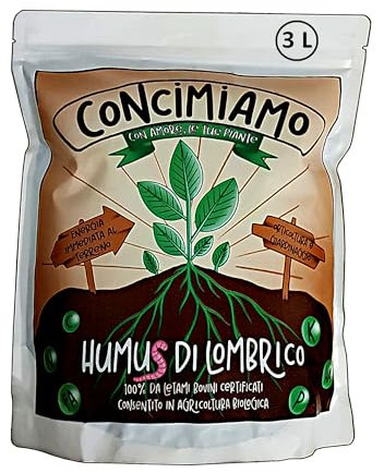 HUMUS DI LOMBRICO BIO | Concimiamo fino a 20 m² di orto o giardino | VERMICOMPOST 100% da Letami Bovini Certificati Benessere Animale – Ammesso in Agricoltura BIO 3L | 2Kg | Formato Polvere |