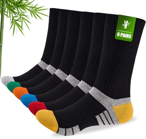 Stoeury Mens Bamboo Socks, Wicking Breathable Cushioned Sports Socks for Hiking Walking Athletics Working Running Trekking Cycling, Men Women, Outdoor Anti Blister Crew Seamless Sock Gifts 6/10 Pairs