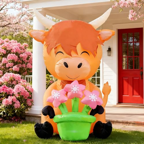 DomKom Vache des Highlands gonflable et pots de fleurs de 1,5 m, décoration extérieure, décoration de printemps gonflable, LED intégrées pour fête de vacances, jardin, pelouse, cour, patio, intérieur