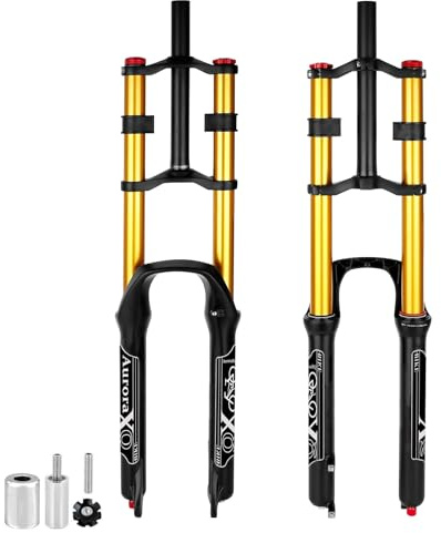 LYYCX AuroraXQ 26 27.5 Voyage 160mm Double Couronne DH Fourche de Suspension de Vélo en Descente, QR 9x100mm L'AIR-32 1-1/8 Ajuster Rebond Tube Droit 29 Fourches Avant Air VTT(Or,29 Pouces)