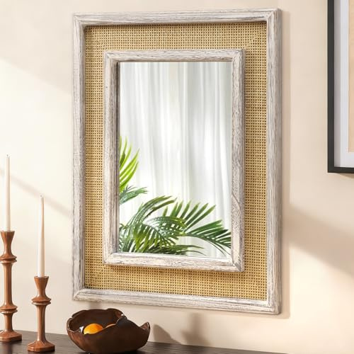 JJUUYOU Wandspiegel mit Holzrahmen, rechteckig, dekorativ, Rattan-Spiegel, groß, 40 × 50 cm, für Wohnzimmer, Bauernhaus, Eingang, Schlafzimmer, Badezimmer, Weiß