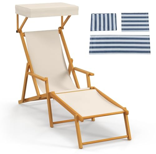 COSTWAY Tumbona Jardin Exterior de Madera de Abedul, Tumbona Plegable con Parasol Ajustable y Reposapiés, Respaldo Reclinable de 4 Posiciones, Tumbona Piscina Playa con Repuestos