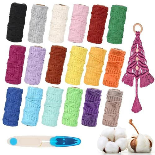 Gohytal Makramee Garn Set 2mmx30m, 18 Stück Makramee Set, Natur Baumwolle Makramee Baumwollgarn Bunt Farbverlauf Weihnachten Deko, Baumwollseil Makramee Zubehör für DIY Handwerk Wandbehang Makramee