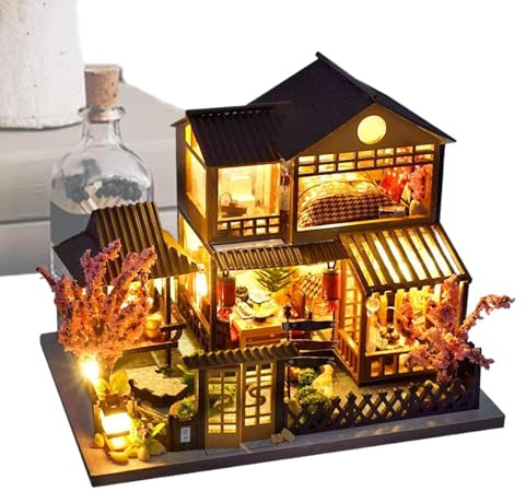 Holzhaus – Miniatur-Bauset mit LED-Licht, realistische Bastelminiatur für Weihnachtsbibliothek, Damen, Kinder, Zuhause, Herren