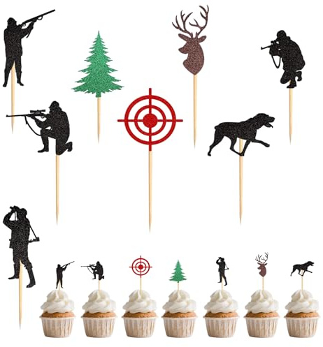 Sdhgerh 32 Stück Jagd Torten Deko mit Glitzer Waldtiermotiv, Hirsch und Hund Cupcake Topper Set für Baby Shower, Jungen Mädchen Geburtstag, Jagdtheme Party Dekoration