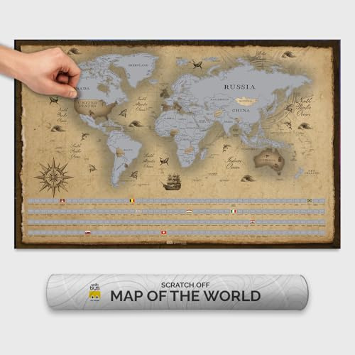 Giallobus - Rubbel-Weltkarte - Rubbelkarte Welt - Beschichtetes Papier - 68L x 43,5l cm - 02 - Mappa Explorer - Rubbelkarte mit Flaggen - Silber