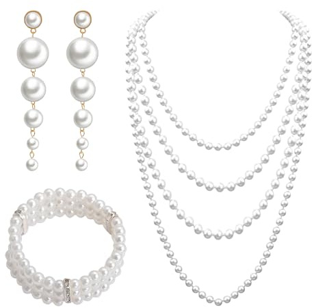 3 Pcs Faux Pearl Jewellery Set for Women, Plastic Pearl Necklace Stretch Pearl Bracelet Long Dangle Earrings 1920s Accessories Jewelry for Party Prom Costume Wedding Bridal Birthday Gifts for Women