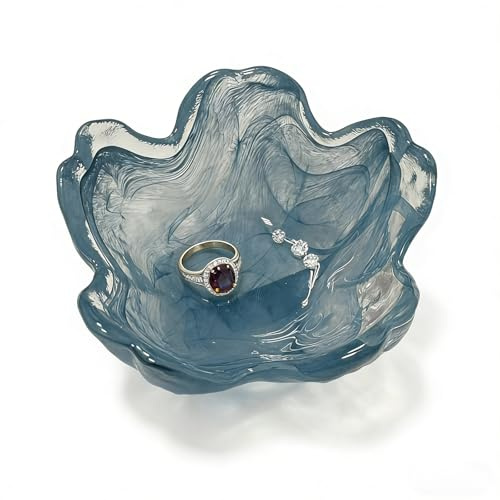 BESSKON Purple Flower Glass Ring Dish, Jewellery Tray, Small Trinket Dish, Floral Decorative, 8.5cm, Birthday Gifts for Women (Blue)