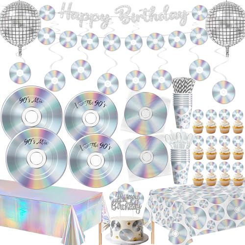 FVABO 90s Nostalgia Disco Party Supplies Tableware, Retro Iridescent CD & Record Birthday Decorations, Plates, Cup, Napkins, Tablecloth, Banner, Balloon, Cake Toppers, and Hanging Swirls, Serve 24