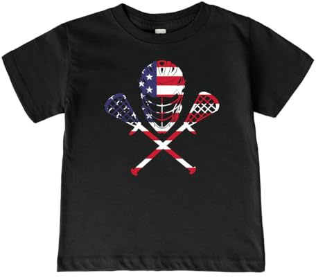 Kids Patriotic Lacrosse Shirt – USA Flag Lacrosse Helmet & Sticks Infant Short Sleeve T-Shirt, Black 18 Months