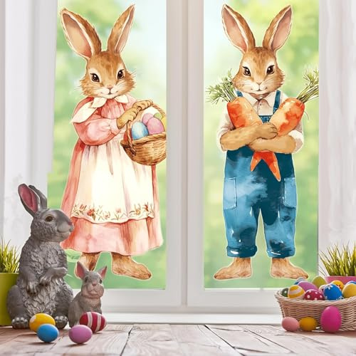 Osterhase xxl Fensterbilder Selbstklebend, 2 Große Fensterbilder Ostern, 80 * 35cm Fensteraufkleber, für Fenster, Innendekoration, Tür, Schaufenster, Partys