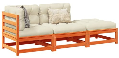 Ensemble de meubles de jardin 3 pièces avec coussins, bois de pin massif, bronze cireux, construction modulaire avec planches pour la ventilation, 110 kg par place.