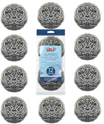 Stainless Steel Wool Scourer -Jumbo Sized- 12 Pack, 35 Grams, by LOLA, Curled Flat Wire, Cleans Caked On & Baked On Messes on Cookware