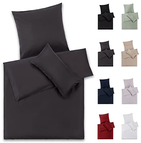 Blumtal Bettwäsche 155x220 Mako & 80x80 cm Kissenbezug Anthrazit, Oeko Tex Zertifizierte Satin aus 100% Baumwolle - Edle Glanzoptik