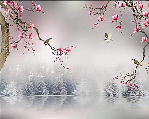 Papier Peint Panoramique 3D,Fleurs de cerisier gris rose - Autocollant Mural Pour Salon Chambre À Coucher Couloir Moderne Espace Visuel De Paysage Naturel Murale 300X210CM