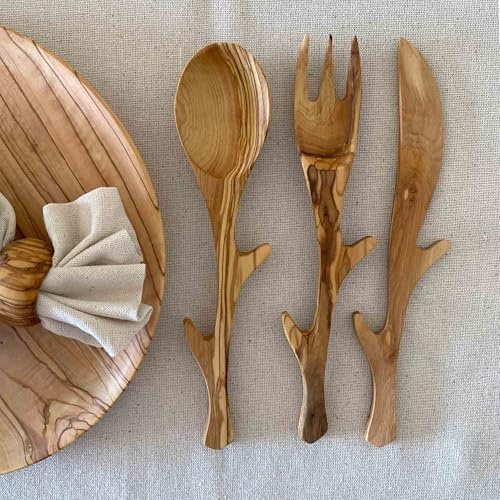 Posate in legno di ulivo, posate fatte a mano, forchetta in legno, posate in legno, forchetta fatta a mano, cucchiaio, coltello, cucchiaio in legno di ulivo e forchetta