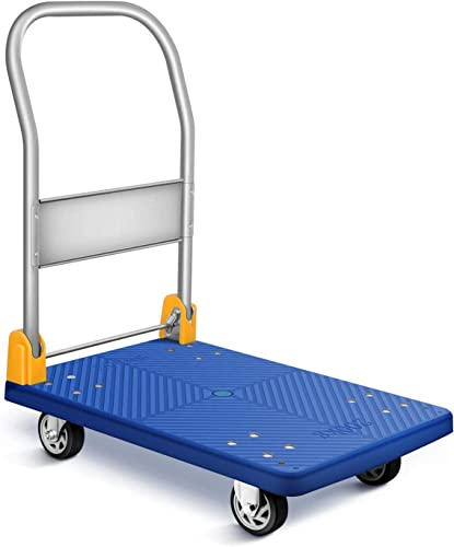YSSOA Platform Truck with 440lb Weight Capacity and 360 Degree Swivel Wheels, Foldable Push Hand Cart for Loading and Storage, Blue